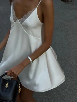 COMMENSE Satin Backless V-Neck Dress* White Dresses|Casual Dresses