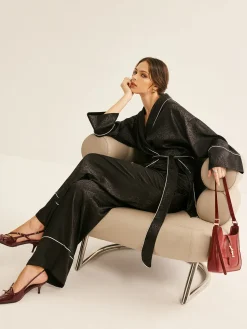 COMMENSE Satin Contrast Piping Belted Pants Set* Pants Sets