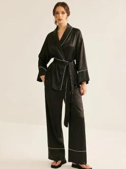 COMMENSE Satin Contrast Piping Belted Pants Set* Pants Sets