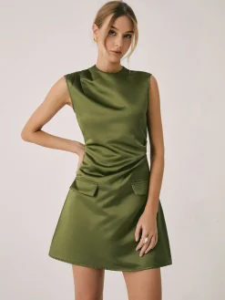 COMMENSE Satin Crew Neck Short Dress* Casual Dresses|Work Dresses