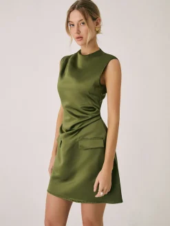 COMMENSE Satin Crew Neck Short Dress* Casual Dresses|Work Dresses
