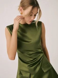 COMMENSE Satin Crew Neck Short Dress* Casual Dresses|Work Dresses