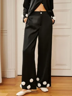 COMMENSE Satin 3D Flower Button Pants* Long Sleeve Sets|Pants