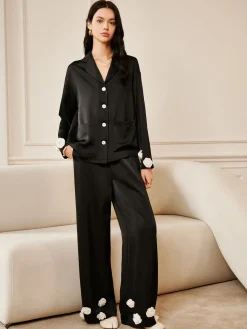 COMMENSE Satin 3D Flower Button Pants* Long Sleeve Sets|Pants