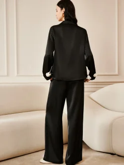 COMMENSE Satin 3D Flower Button Pants* Long Sleeve Sets|Pants
