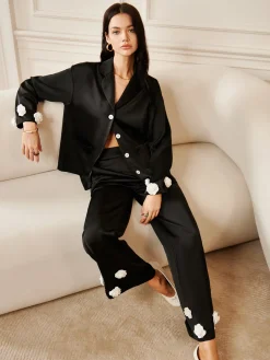 COMMENSE Satin 3D Flower Pocket Shirt* Long Sleeve Sets|Blouses & Shirts