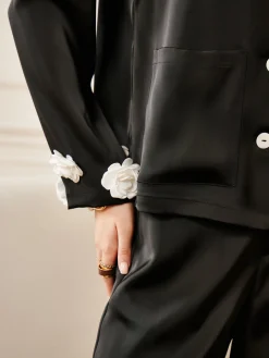 COMMENSE Satin 3D Flower Pocket Shirt* Long Sleeve Sets|Blouses & Shirts