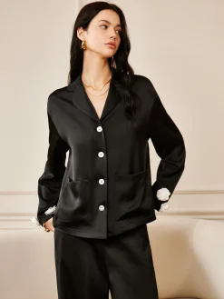 COMMENSE Satin 3D Flower Pocket Shirt* Long Sleeve Sets|Blouses & Shirts