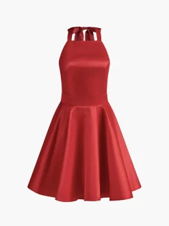 COMMENSE Satin Knotted Doule Pockets Open Back Pleated Mini Dress* Black Dresses|Cocktail & Party Dresses