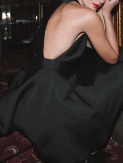 COMMENSE Satin Knotted Doule Pockets Open Back Pleated Mini Dress* Black Dresses|Cocktail & Party Dresses