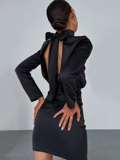 COMMENSE Satin Mock Neck Tie Back Short Dress* Black Dresses|Casual Dresses