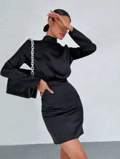 COMMENSE Satin Mock Neck Tie Back Short Dress* Black Dresses|Casual Dresses