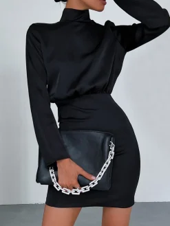 COMMENSE Satin Mock Neck Tie Back Short Dress* Black Dresses|Casual Dresses