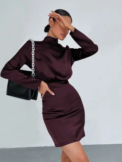 COMMENSE Satin Mock Neck Tie Back Short Dress* Black Dresses|Casual Dresses