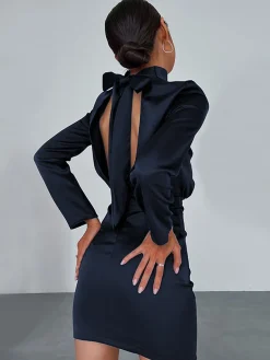COMMENSE Satin Mock Neck Tie Back Short Dress* Black Dresses|Casual Dresses