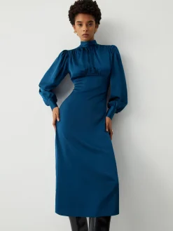COMMENSE Satin Mock Neck Tie Back Long Sleeve Midi Dress* Casual Dresses|Work Dresses