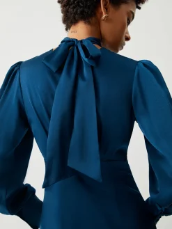 COMMENSE Satin Mock Neck Tie Back Long Sleeve Midi Dress* Casual Dresses|Work Dresses