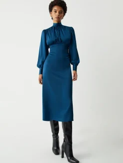 COMMENSE Satin Mock Neck Tie Back Long Sleeve Midi Dress* Casual Dresses|Work Dresses