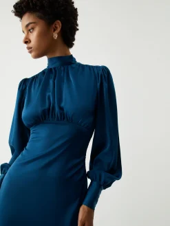 COMMENSE Satin Mock Neck Tie Back Long Sleeve Midi Dress* Casual Dresses|Work Dresses