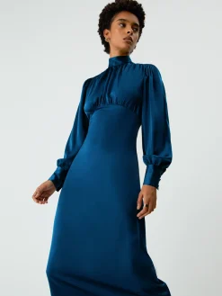 COMMENSE Satin Mock Neck Tie Back Long Sleeve Midi Dress* Casual Dresses|Work Dresses