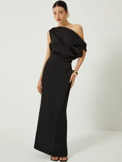 COMMENSE Satin One Shoulder Off Split Long Dress* Black Dresses|Casual Dresses