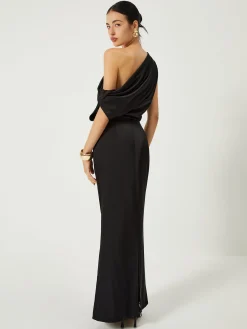 COMMENSE Satin One Shoulder Off Split Long Dress* Black Dresses|Casual Dresses