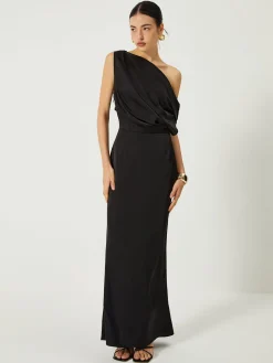 COMMENSE Satin One Shoulder Off Split Long Dress* Black Dresses|Casual Dresses