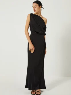 COMMENSE Satin One Shoulder Off Split Long Dress* Black Dresses|Casual Dresses