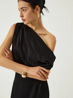 COMMENSE Satin One Shoulder Off Split Long Dress* Black Dresses|Casual Dresses