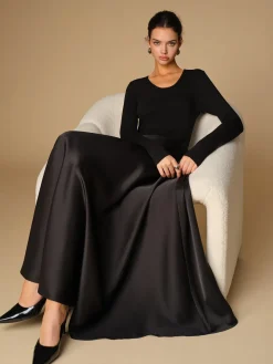 COMMENSE Satin Panel Jersey Long Dress* Black Dresses|Cocktail & Party Dresses