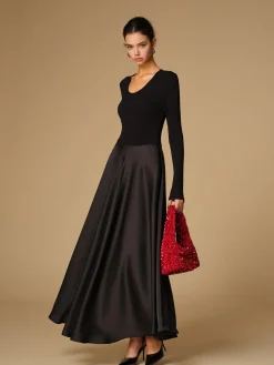 COMMENSE Satin Panel Jersey Long Dress* Black Dresses|Cocktail & Party Dresses