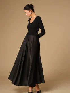 COMMENSE Satin Panel Jersey Long Dress* Black Dresses|Cocktail & Party Dresses
