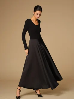 COMMENSE Satin Panel Jersey Long Dress* Black Dresses|Cocktail & Party Dresses