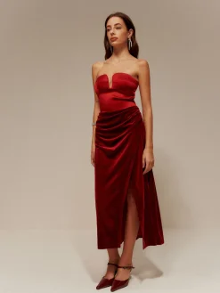 COMMENSE Satin Panel Velvet Pleated Tube Dress* Cocktail & Party Dresses|Long Dresses