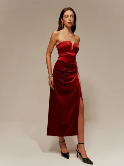 COMMENSE Satin Panel Velvet Pleated Tube Dress* Cocktail & Party Dresses|Long Dresses