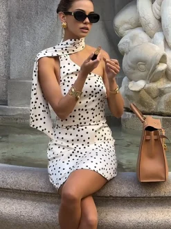 COMMENSE Satin Polka Dot Asymmetrical Dress* White Dresses|Casual Dresses