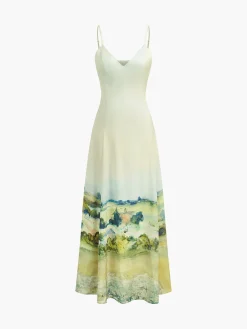 COMMENSE Satin Print V-Neck Cami Dress* White Dresses|Casual Dresses