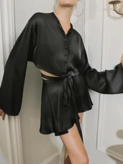 COMMENSE Satin Raw Hem Tied Two Piece Skirt Set* Skirt Sets|Long Sleeve Sets