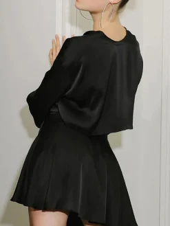 COMMENSE Satin Raw Hem Tied Two Piece Skirt Set* Skirt Sets|Long Sleeve Sets