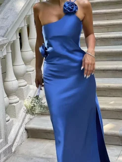 COMMENSE Satin Rose Decor Asymmetrical Open Back Maxi Dress* Cocktail & Party Dresses|Summer Dresses