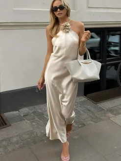 COMMENSE Satin Rosette Decor Halter Midi Dress* Cocktail & Party Dresses|Vacation Dresses