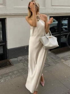 COMMENSE Satin Rosette Decor Halter Midi Dress* Cocktail & Party Dresses|Vacation Dresses