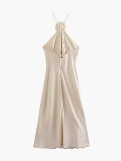 COMMENSE Satin Rosette Decor Halter Midi Dress* Cocktail & Party Dresses|Vacation Dresses