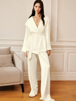 COMMENSE Satin Solid Hood Belted Shirt* Long Sleeve Sets|Blouses & Shirts
