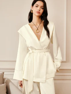 COMMENSE Satin Solid Hood Belted Shirt* Long Sleeve Sets|Blouses & Shirts