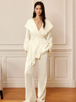 COMMENSE Satin Solid Hood Belted Shirt* Long Sleeve Sets|Blouses & Shirts