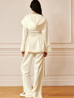 COMMENSE Satin Solid Hood Belted Shirt* Long Sleeve Sets|Blouses & Shirts