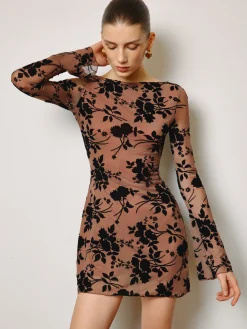 COMMENSE Semi-Sheer Flocking Floral Short Dress* Dresses