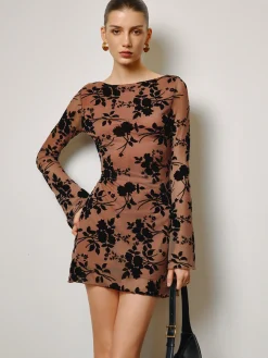 COMMENSE Semi-Sheer Flocking Floral Short Dress* Dresses