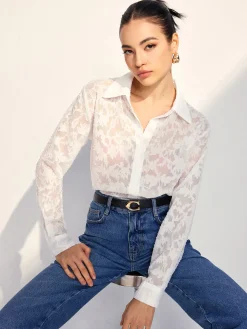 COMMENSE Semi-Sheer Jacquard Button Shirt* Blouses & Shirts|Tops